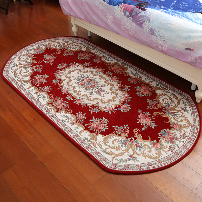 Retro Flower Pattern Rug Red and Black Polyester Indoor Rug Washable Non-Slip Backing Indoor Rug for Bedroom Red Clearhalo 'Area Rug' 'Rugs' 'Vintage' Rug' 1932175