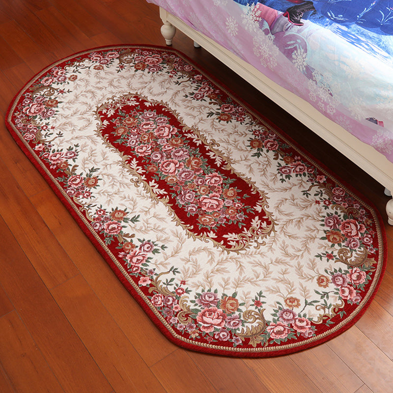Retro Flower Pattern Rug Red and Black Polyester Indoor Rug Washable Non-Slip Backing Indoor Rug for Bedroom Burgundy Clearhalo 'Area Rug' 'Rugs' 'Vintage' Rug' 1932177