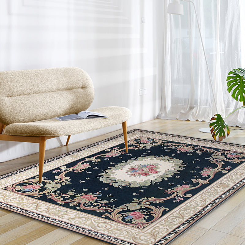 Multi Colored Bedroom Rug Vintage Floral Pattern Carpet Polyester Pet Friendly Washable Non-Slip Backing Carpet Navy Clearhalo 'Area Rug' 'Rugs' 'Vintage' Rug' 1932185