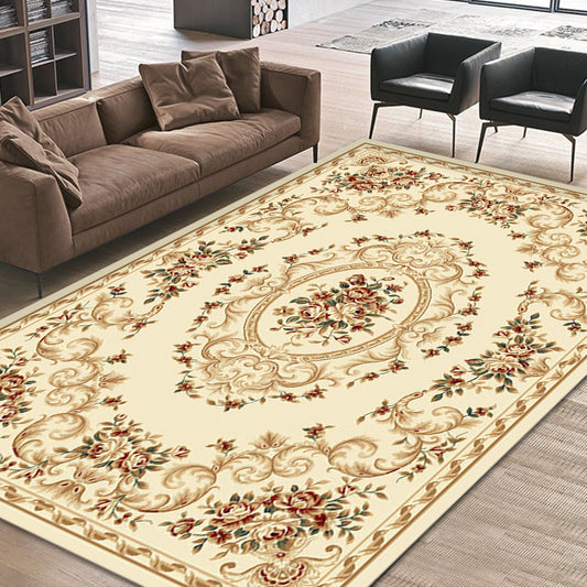 Blue and Beige Retro Rug Polyester Floral Pattern Area Rug Washable Pet Friendly Anti-Slip Backing Indoor Rug for Sitting Room Beige Clearhalo 'Area Rug' 'Rugs' 'Vintage' Rug' 1932243