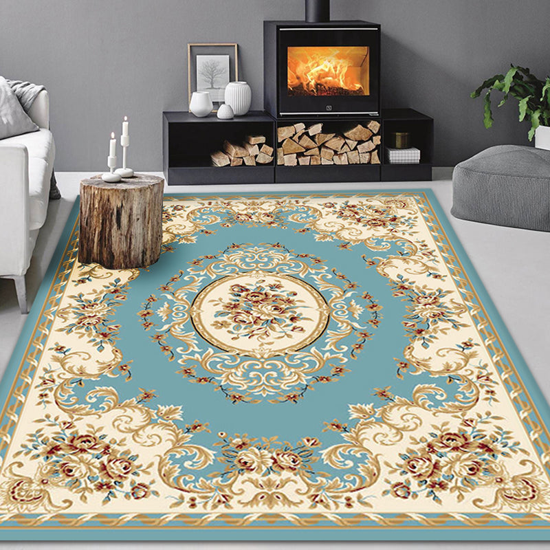 Blue and Beige Retro Rug Polyester Floral Pattern Area Rug Washable Pet Friendly Anti-Slip Backing Indoor Rug for Sitting Room Lake Blue Clearhalo 'Area Rug' 'Rugs' 'Vintage' Rug' 1932248
