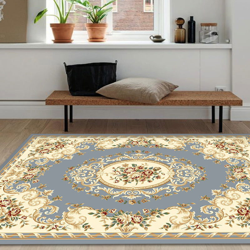 Blue and Beige Retro Rug Polyester Floral Pattern Area Rug Washable Pet Friendly Anti-Slip Backing Indoor Rug for Sitting Room Grey Clearhalo 'Area Rug' 'Rugs' 'Vintage' Rug' 1932249