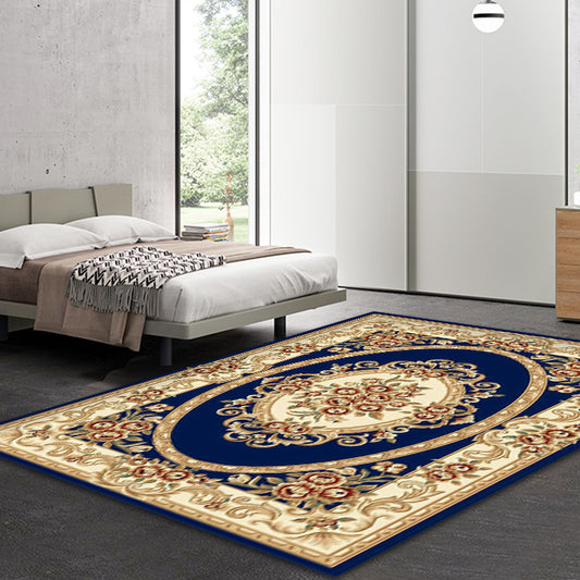 Blue and Beige Retro Rug Polyester Floral Pattern Area Rug Washable Pet Friendly Anti-Slip Backing Indoor Rug for Sitting Room Dark Blue Clearhalo 'Area Rug' 'Rugs' 'Vintage' Rug' 1932250