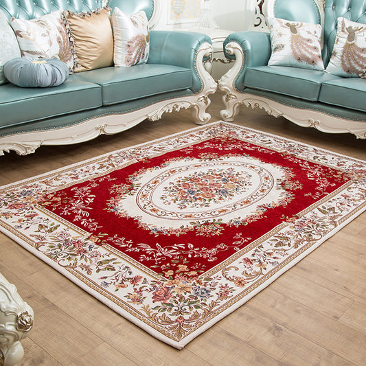 Retro Bud Pattern Rug Red and Blue Polyester Rug Washable Non-Slip Backing Indoor Rug for Sitting Room Red
