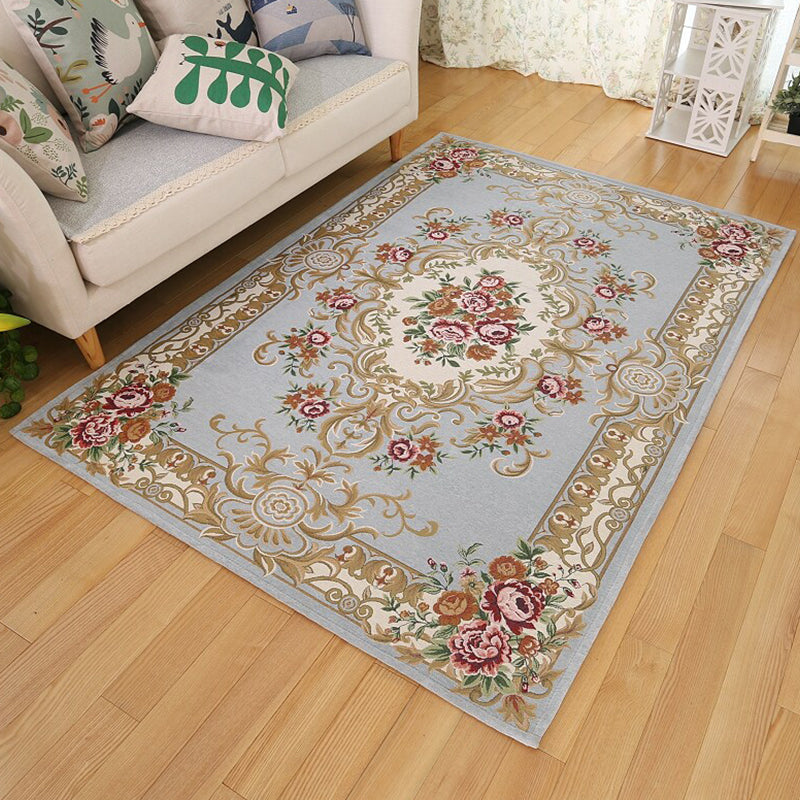 Vintage Sleeping Room Rug Beige and Blue Flower Pattern Carpet Polyester Anti-Slip Backing Machine Washable Area Rug Blue Clearhalo 'Area Rug' 'Rugs' 'Vintage' Rug' 1932275