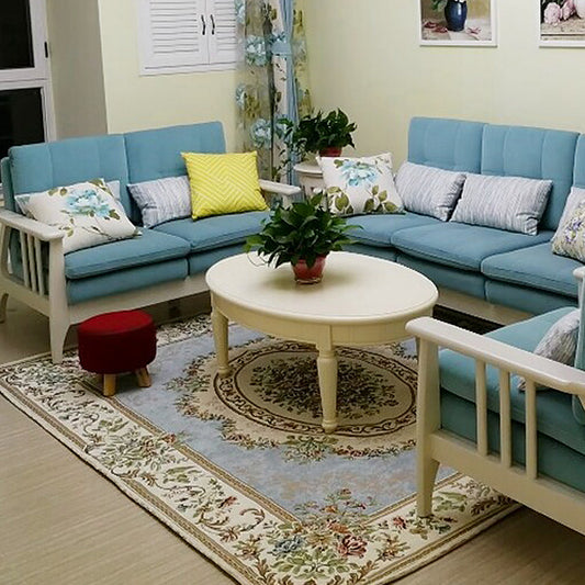 Vintage Sleeping Room Rug Beige and Blue Flower Pattern Carpet Polyester Anti-Slip Backing Machine Washable Area Rug Lake Blue