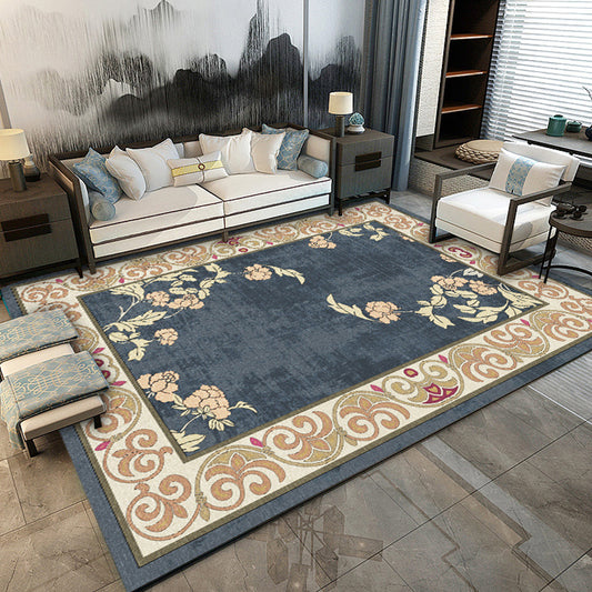 Traditional Floral Pattern Rug Blue and Red Retro Rug Washable Pet Friendly Anti-Slip Area Rug for Parlour Blue