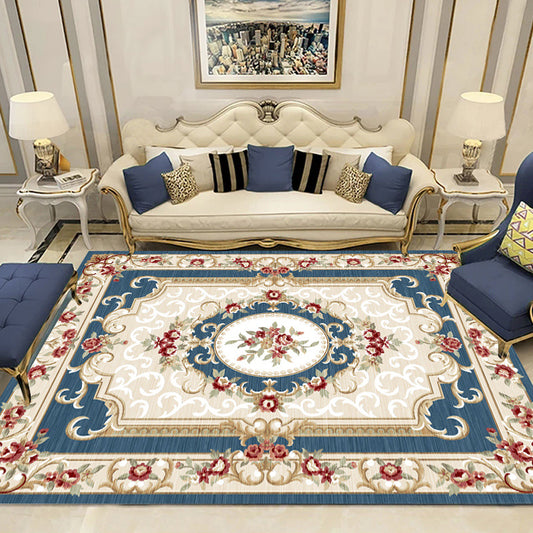 Colorful Floral Pattern Rug Multicolor Retro Indoor Rug Polyester Machine Washable Non-Slip Backing Carpet for Sitting Room Dark Blue