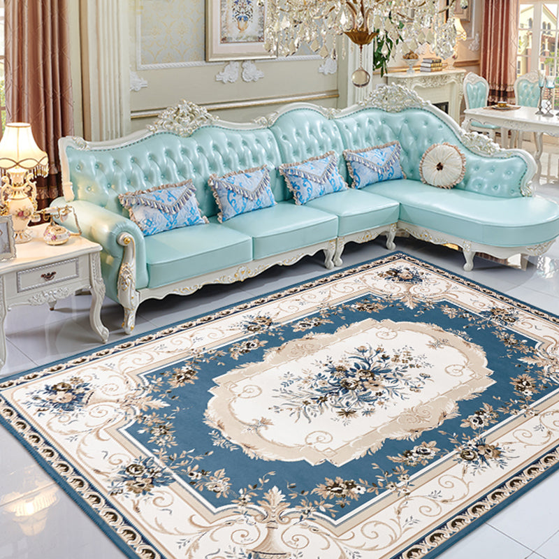 Vintage Floral Pattern Rug Blue and Black Polyester Indoor Rug Machine Washable Non-Slip Backing Carpet for Decoration Blue Clearhalo 'Area Rug' 'Rugs' 'Vintage' Rug' 1932345