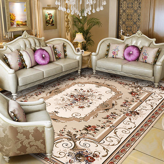 Vintage Floral Pattern Rug Blue and Black Polyester Indoor Rug Machine Washable Non-Slip Backing Carpet for Decoration Camel