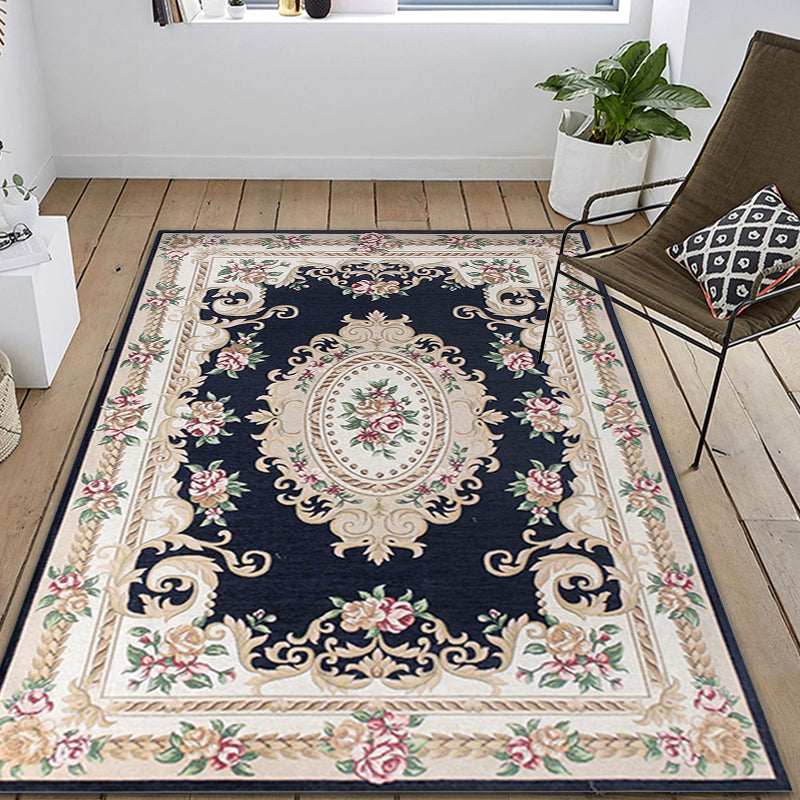 Luxurious Blossom Pattern Rug with Leaf Multicolor Vintage Carpet Polyester Washable Pet Friendly Anti-Slip Area Rug for Parlour Black Clearhalo 'Area Rug' 'Rugs' 'Vintage' Rug' 1932363