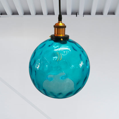Globe Pendant Light Industrial 1 Light 8"/10"/12" Wide Dimpled Glass Hanging Lamp in Blue Blue Clearhalo 'Ceiling Lights' 'Industrial Pendants' 'Industrial' 'Middle Century Pendants' 'Pendant Lights' 'Pendants' 'Tiffany' Lighting' 1932806