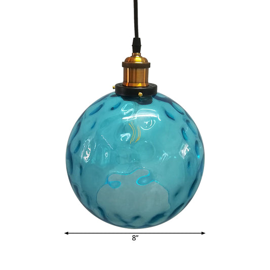 Globe Pendant Light Industrial 1 Light 8"/10"/12" Wide Dimpled Glass Hanging Lamp in Blue Clearhalo 'Ceiling Lights' 'Industrial Pendants' 'Industrial' 'Middle Century Pendants' 'Pendant Lights' 'Pendants' 'Tiffany' Lighting' 1932810