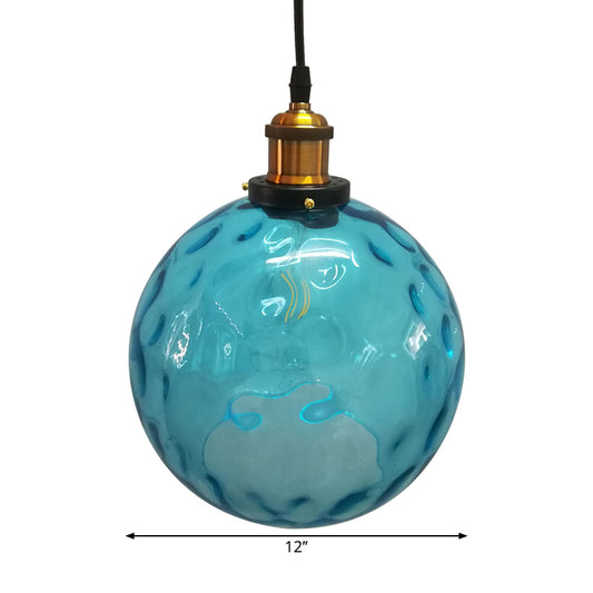 Globe Pendant Light Industrial 1 Light 8"/10"/12" Wide Dimpled Glass Hanging Lamp in Blue Clearhalo 'Ceiling Lights' 'Industrial Pendants' 'Industrial' 'Middle Century Pendants' 'Pendant Lights' 'Pendants' 'Tiffany' Lighting' 1932812