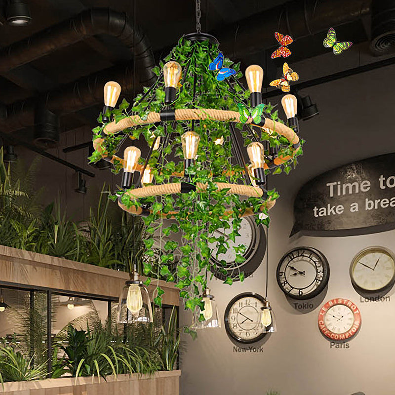 Manila Rope Green Chandelier Lamp Circle 6/8/14 Heads Antique Suspension Lighting Fixture with Vine Deco Clearhalo 'Cast Iron' 'Ceiling Lights' 'Chandeliers' 'Industrial Chandeliers' 'Industrial' 'Metal' 'Middle Century Chandeliers' 'Rustic Chandeliers' 'Tiffany' Lighting' 1932814