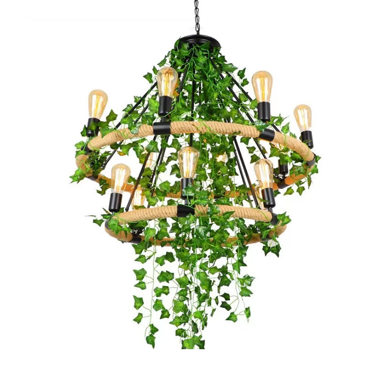 Manila Rope Green Chandelier Lamp Circle 6/8/14 Heads Antique Suspension Lighting Fixture with Vine Deco Clearhalo 'Cast Iron' 'Ceiling Lights' 'Chandeliers' 'Industrial Chandeliers' 'Industrial' 'Metal' 'Middle Century Chandeliers' 'Rustic Chandeliers' 'Tiffany' Lighting' 1932815