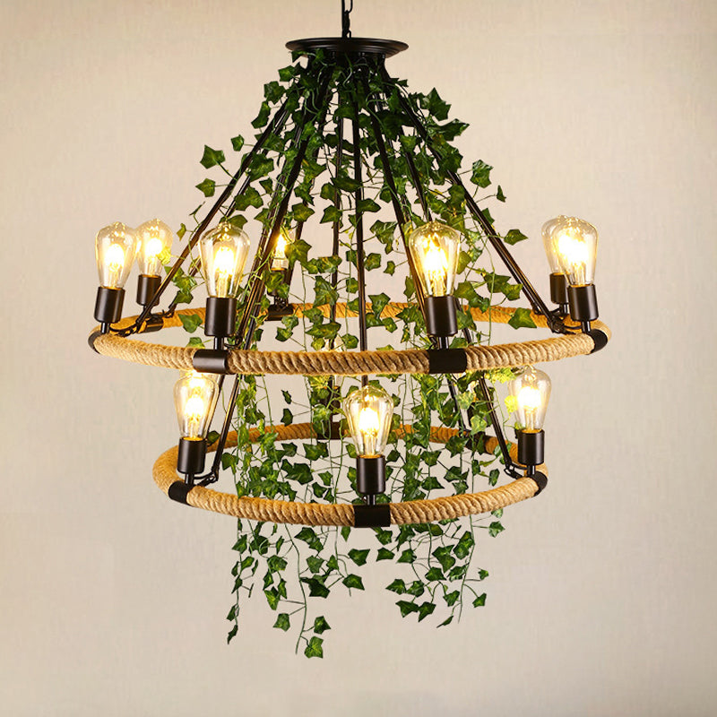 Manila Rope Green Chandelier Lamp Circle 6/8/14 Heads Antique Suspension Lighting Fixture with Vine Deco Clearhalo 'Cast Iron' 'Ceiling Lights' 'Chandeliers' 'Industrial Chandeliers' 'Industrial' 'Metal' 'Middle Century Chandeliers' 'Rustic Chandeliers' 'Tiffany' Lighting' 1932816
