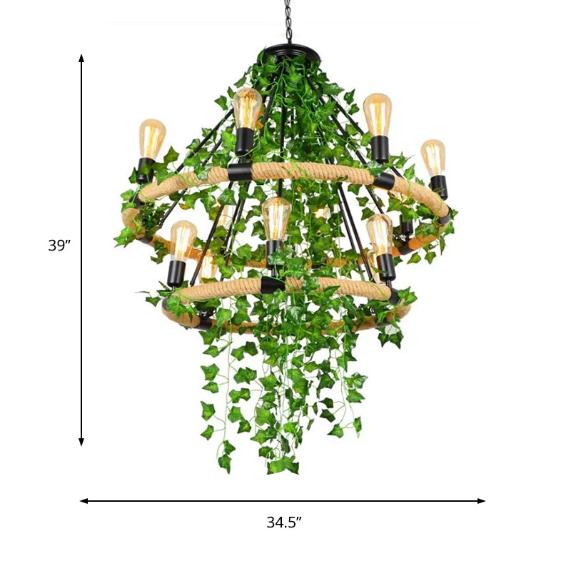 Manila Rope Green Chandelier Lamp Circle 6/8/14 Heads Antique Suspension Lighting Fixture with Vine Deco Clearhalo 'Cast Iron' 'Ceiling Lights' 'Chandeliers' 'Industrial Chandeliers' 'Industrial' 'Metal' 'Middle Century Chandeliers' 'Rustic Chandeliers' 'Tiffany' Lighting' 1932817