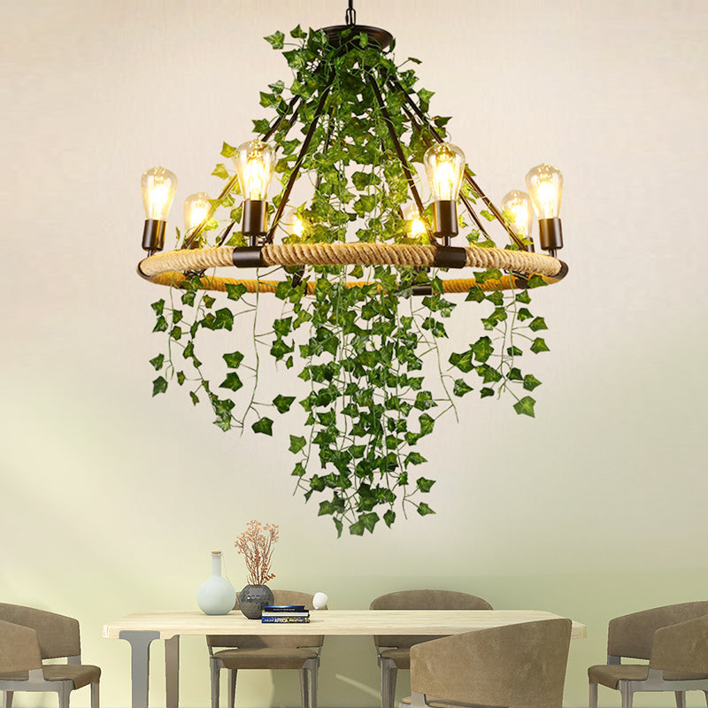 Manila Rope Green Chandelier Lamp Circle 6/8/14 Heads Antique Suspension Lighting Fixture with Vine Deco 8 Green Clearhalo 'Cast Iron' 'Ceiling Lights' 'Chandeliers' 'Industrial Chandeliers' 'Industrial' 'Metal' 'Middle Century Chandeliers' 'Rustic Chandeliers' 'Tiffany' Lighting' 1932818