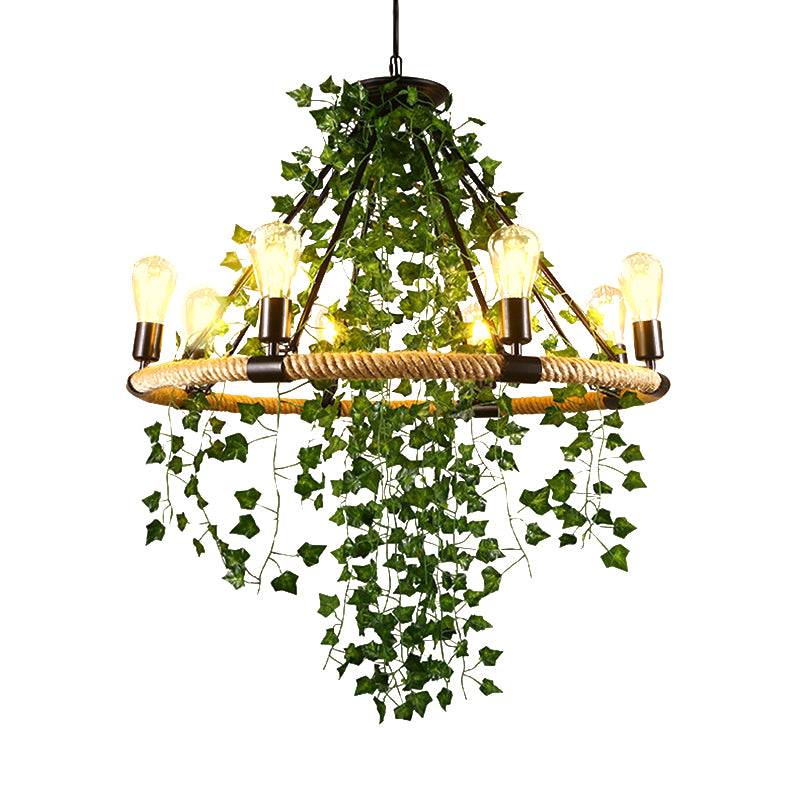 Manila Rope Green Chandelier Lamp Circle 6/8/14 Heads Antique Suspension Lighting Fixture with Vine Deco Clearhalo 'Cast Iron' 'Ceiling Lights' 'Chandeliers' 'Industrial Chandeliers' 'Industrial' 'Metal' 'Middle Century Chandeliers' 'Rustic Chandeliers' 'Tiffany' Lighting' 1932819