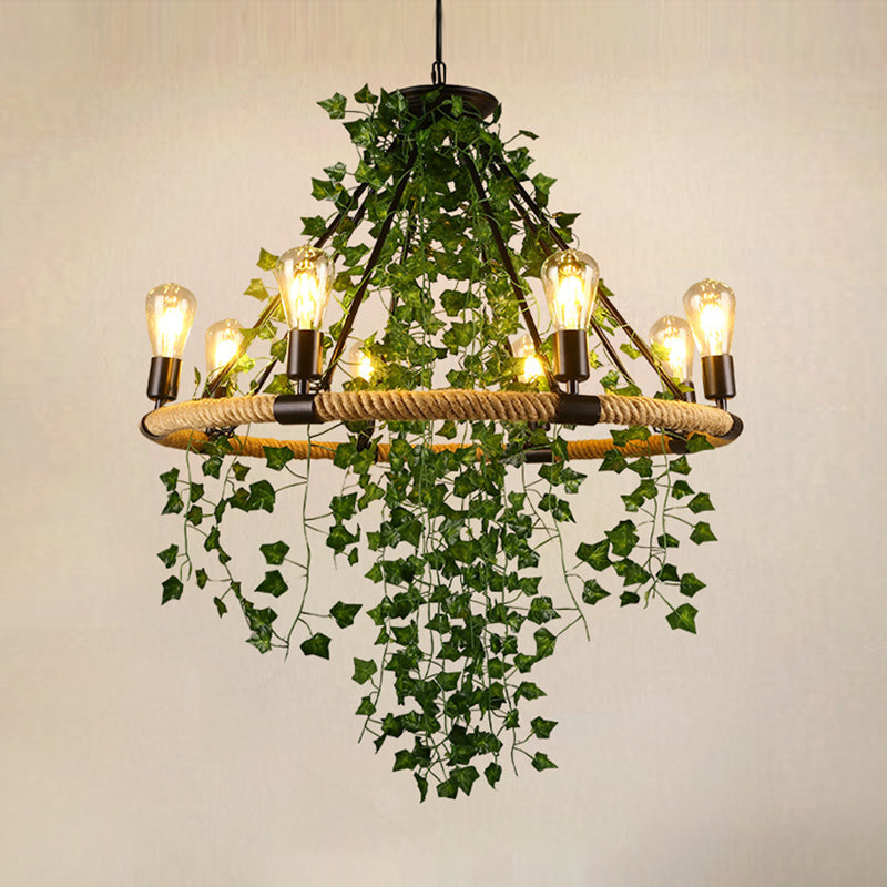 Manila Rope Green Chandelier Lamp Circle 6/8/14 Heads Antique Suspension Lighting Fixture with Vine Deco Clearhalo 'Cast Iron' 'Ceiling Lights' 'Chandeliers' 'Industrial Chandeliers' 'Industrial' 'Metal' 'Middle Century Chandeliers' 'Rustic Chandeliers' 'Tiffany' Lighting' 1932820