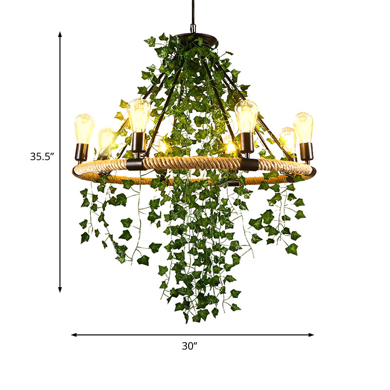 Manila Rope Green Chandelier Lamp Circle 6/8/14 Heads Antique Suspension Lighting Fixture with Vine Deco Clearhalo 'Cast Iron' 'Ceiling Lights' 'Chandeliers' 'Industrial Chandeliers' 'Industrial' 'Metal' 'Middle Century Chandeliers' 'Rustic Chandeliers' 'Tiffany' Lighting' 1932821