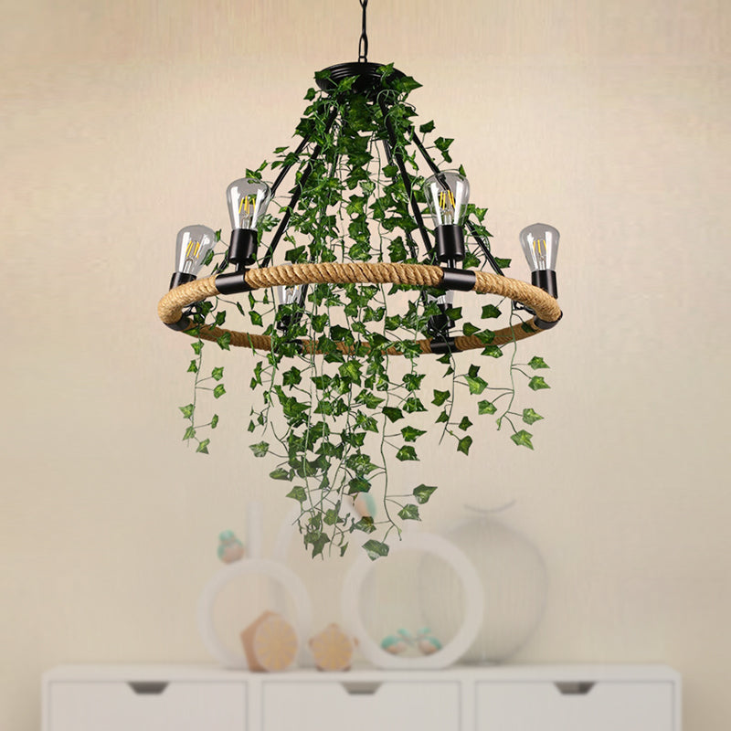 Manila Rope Green Chandelier Lamp Circle 6/8/14 Heads Antique Suspension Lighting Fixture with Vine Deco 6 Green Clearhalo 'Cast Iron' 'Ceiling Lights' 'Chandeliers' 'Industrial Chandeliers' 'Industrial' 'Metal' 'Middle Century Chandeliers' 'Rustic Chandeliers' 'Tiffany' Lighting' 1932822