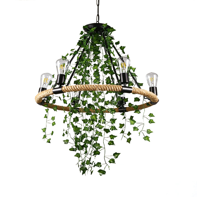 Manila Rope Green Chandelier Lamp Circle 6/8/14 Heads Antique Suspension Lighting Fixture with Vine Deco Clearhalo 'Cast Iron' 'Ceiling Lights' 'Chandeliers' 'Industrial Chandeliers' 'Industrial' 'Metal' 'Middle Century Chandeliers' 'Rustic Chandeliers' 'Tiffany' Lighting' 1932823