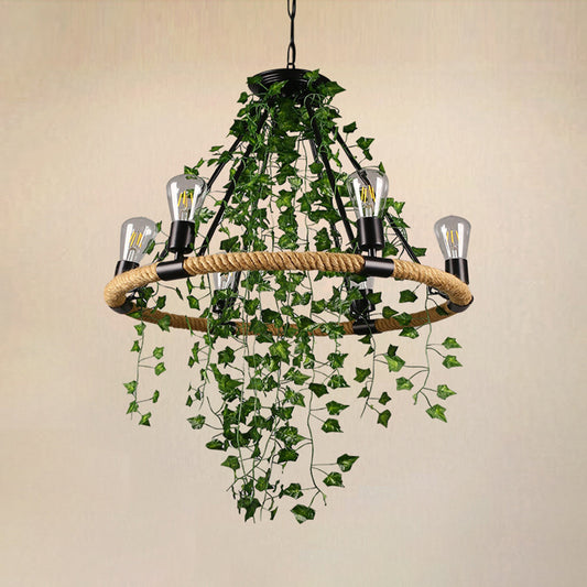 Manila Rope Green Chandelier Lamp Circle 6/8/14 Heads Antique Suspension Lighting Fixture with Vine Deco Clearhalo 'Cast Iron' 'Ceiling Lights' 'Chandeliers' 'Industrial Chandeliers' 'Industrial' 'Metal' 'Middle Century Chandeliers' 'Rustic Chandeliers' 'Tiffany' Lighting' 1932824