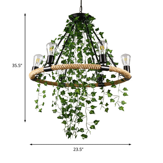Manila Rope Green Chandelier Lamp Circle 6/8/14 Heads Antique Suspension Lighting Fixture with Vine Deco Clearhalo 'Cast Iron' 'Ceiling Lights' 'Chandeliers' 'Industrial Chandeliers' 'Industrial' 'Metal' 'Middle Century Chandeliers' 'Rustic Chandeliers' 'Tiffany' Lighting' 1932825