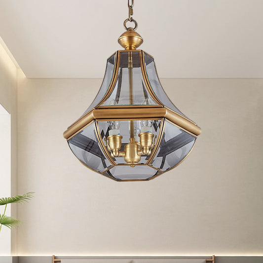 Gold 3 Heads Chandelier Lighting Colonialism Clear Glass Teardrop Pendant Ceiling Light for Foyer Clearhalo 'Ceiling Lights' 'Chandeliers' 'Close To Ceiling Lights' 'Glass shade' 'Glass' Lighting' 1932830