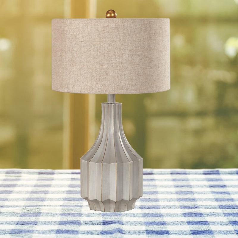 1-Light Drum Table Lamp Countryside White/Beige Fabric Reading Book Lighting with Ridged Vase Base Clearhalo 'Lamps' 'Table Lamps' Lighting' 1932840