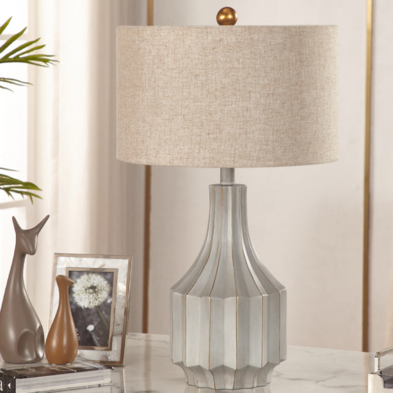 1-Light Drum Table Lamp Countryside White/Beige Fabric Reading Book Lighting with Ridged Vase Base Beige Clearhalo 'Lamps' 'Table Lamps' Lighting' 1932841