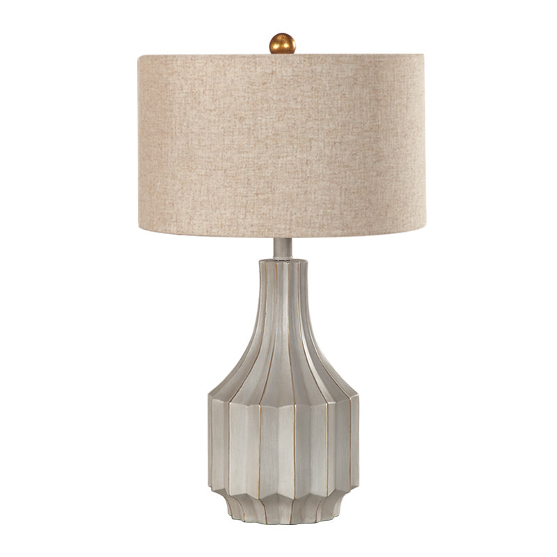 1-Light Drum Table Lamp Countryside White/Beige Fabric Reading Book Lighting with Ridged Vase Base Clearhalo 'Lamps' 'Table Lamps' Lighting' 1932842