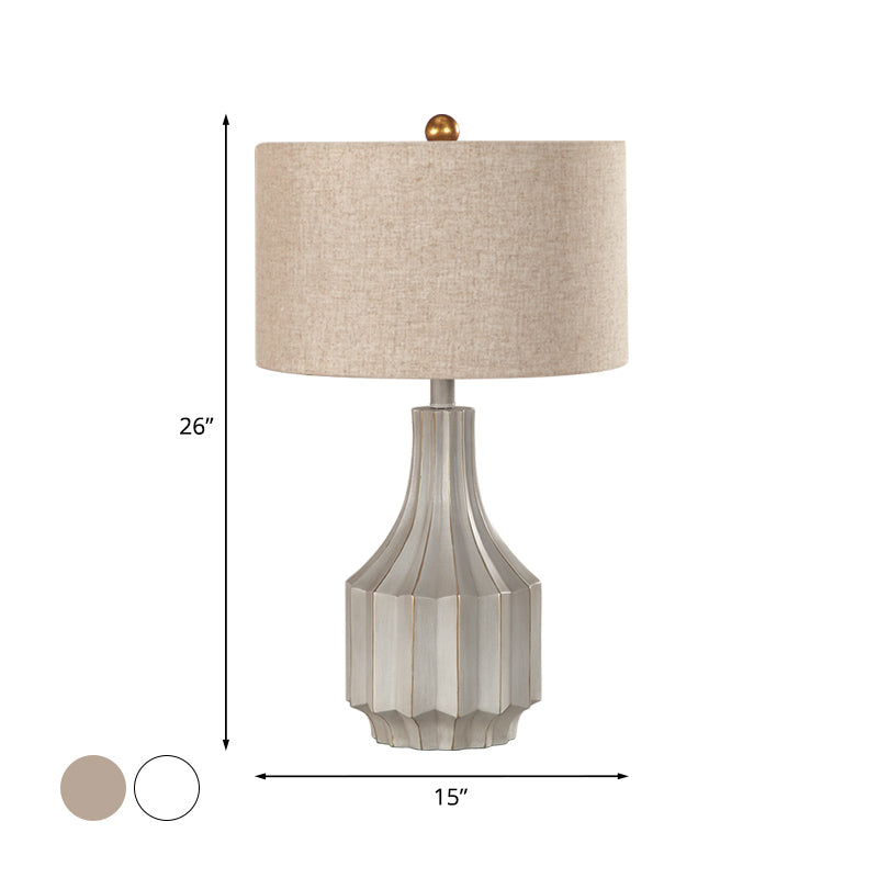 1-Light Drum Table Lamp Countryside White/Beige Fabric Reading Book Lighting with Ridged Vase Base Clearhalo 'Lamps' 'Table Lamps' Lighting' 1932843