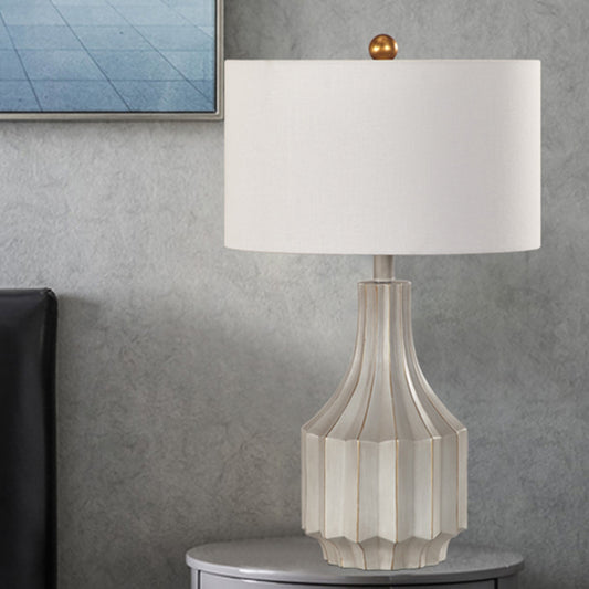 1-Light Drum Table Lamp Countryside White/Beige Fabric Reading Book Lighting with Ridged Vase Base White Clearhalo 'Lamps' 'Table Lamps' Lighting' 1932844