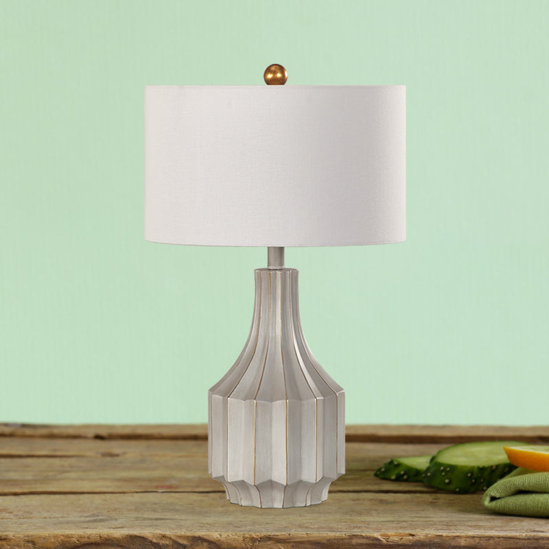 1-Light Drum Table Lamp Countryside White/Beige Fabric Reading Book Lighting with Ridged Vase Base Clearhalo 'Lamps' 'Table Lamps' Lighting' 1932846