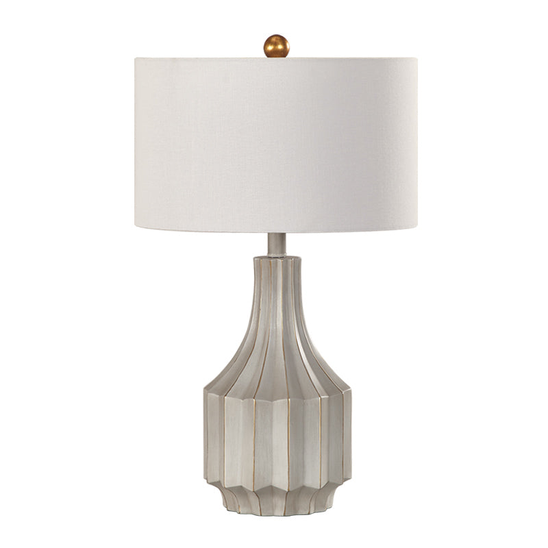 1-Light Drum Table Lamp Countryside White/Beige Fabric Reading Book Lighting with Ridged Vase Base Clearhalo 'Lamps' 'Table Lamps' Lighting' 1932847