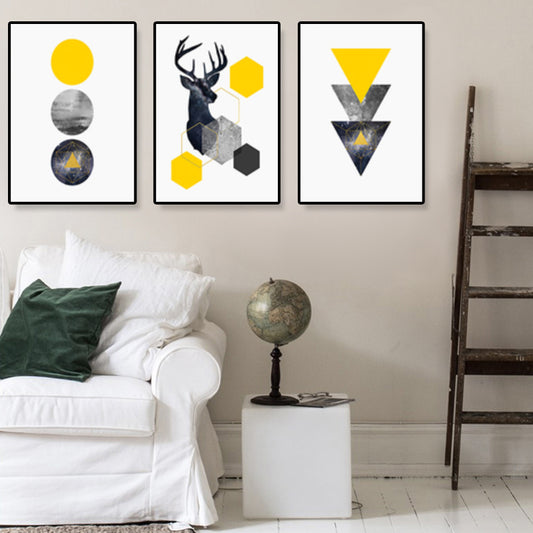 Elk and Geometric Shapes Canvas Art Yellow Nordic Wall Decor for Room (Set of 3)