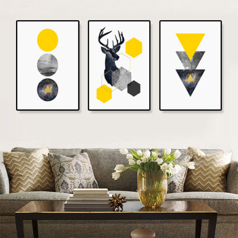 Alce y formas geométricas Arte de lienzo Decoración de pared nórdica amarilla para habitación (juego de 3)