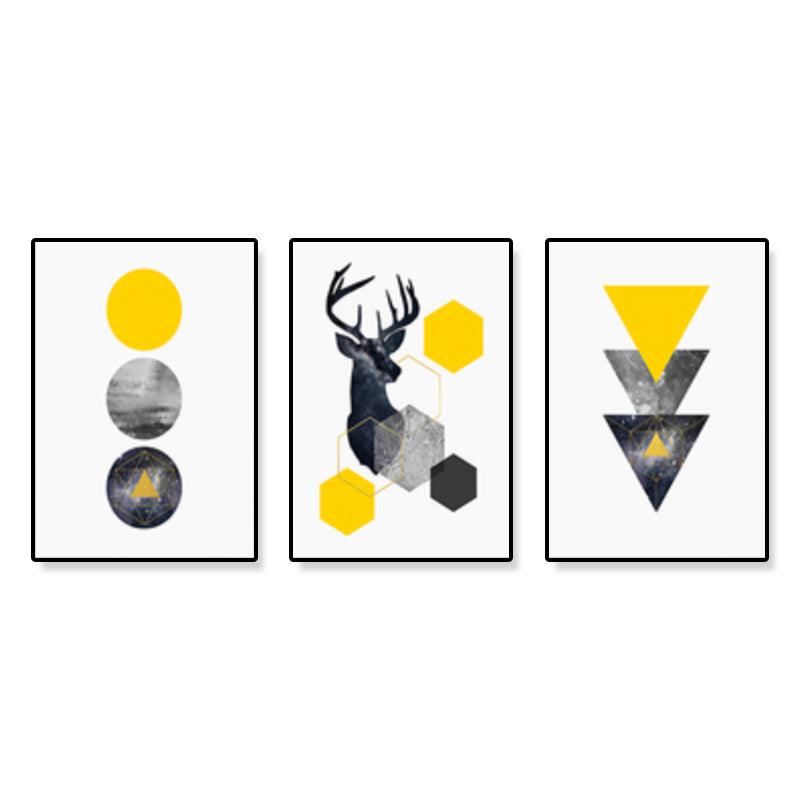 Alce y formas geométricas Arte de lienzo Decoración de pared nórdica amarilla para habitación (juego de 3)