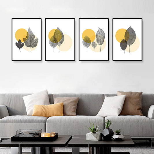 Yellow Nordic Canvas Print Illustrated Leaf with Circle Pattern Wall Art for Living Room