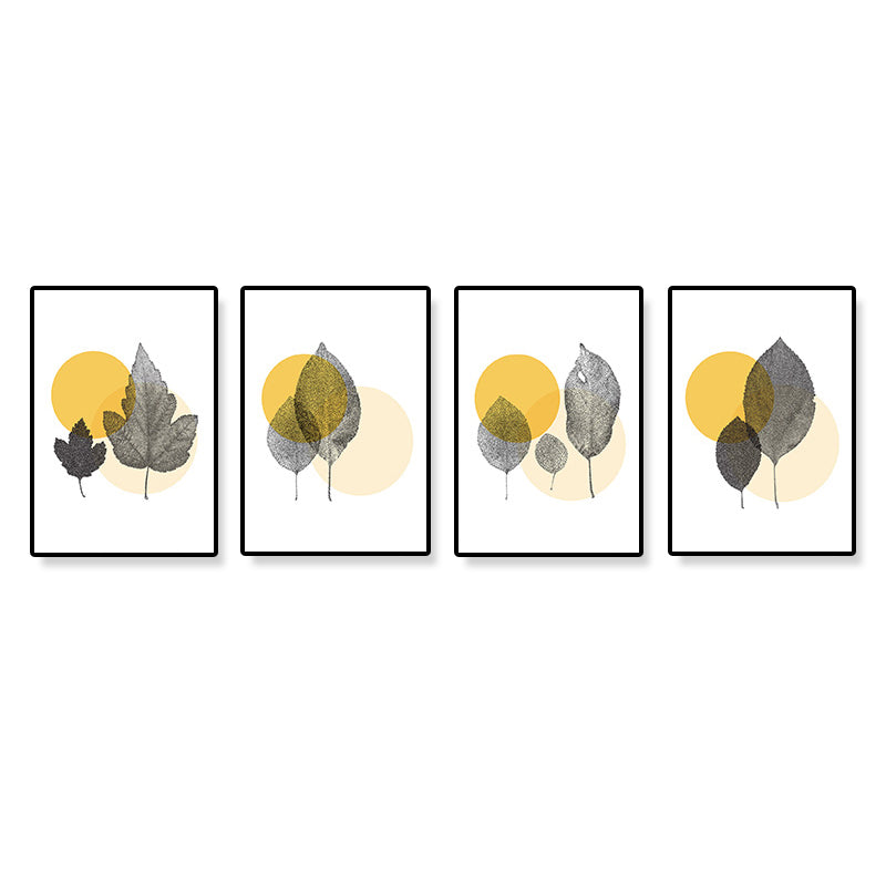 Yellow Nordic Canvas Print Illustrated Leaf with Circle Pattern Wall Art for Living Room