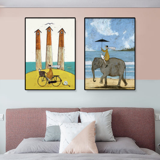 Kids Illustration Sightseeing Canvas Print Soft Color Textured Wall Art, Set of 2 Clearhalo 'Art Gallery' 'Canvas Art' 'Kids' Arts' 1932931