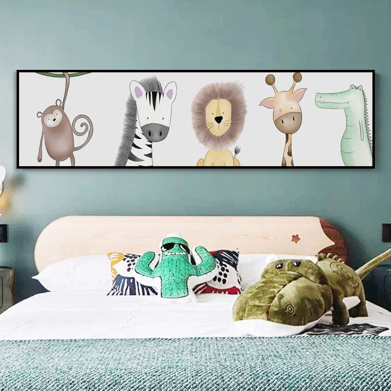 Drawing Animals Canvas Art Pastel Color Cartoon Wall Decor for Childrens Bedroom Black 12" x 48" Clearhalo 'Art Gallery' 'Canvas Art' 'Kids' Arts' 1932967