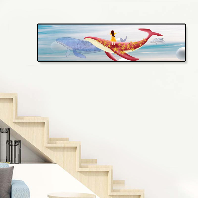 Fantasy Flying Whale Canvas Cartoon Textured Wall Art Print in Soft Color for Kids Room Blue Clearhalo 'Art Gallery' 'Canvas Art' 'Kids' Arts' 1932998