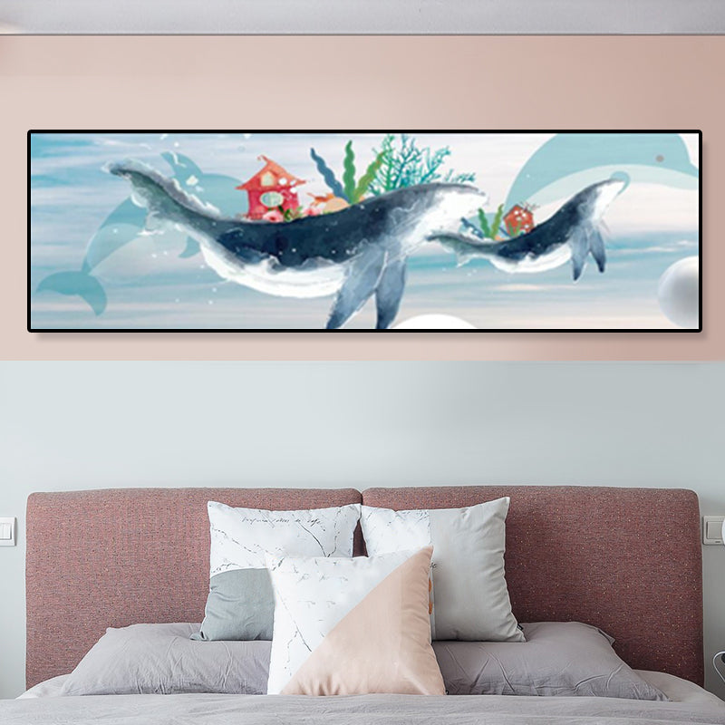 Fantasy Flying Whale Canvas Cartoon Textured Wall Art Print in Soft Color for Kids Room Black Clearhalo 'Art Gallery' 'Canvas Art' 'Kids' Arts' 1933004