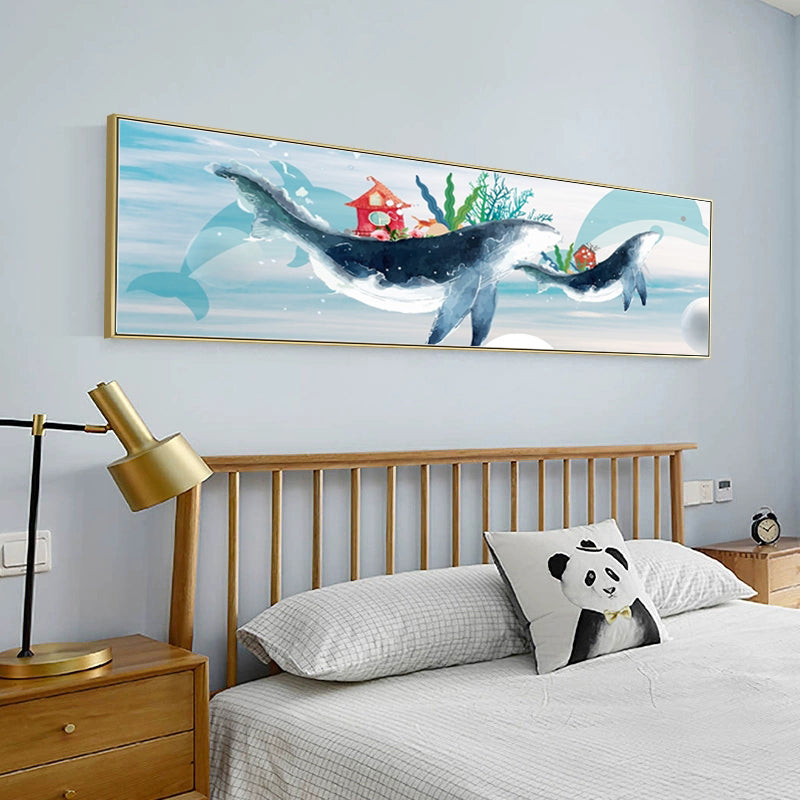 Fantasy Flying Whale Canvas Cartoon Textured Wall Art Print in Soft Color for Kids Room Clearhalo 'Art Gallery' 'Canvas Art' 'Kids' Arts' 1933005