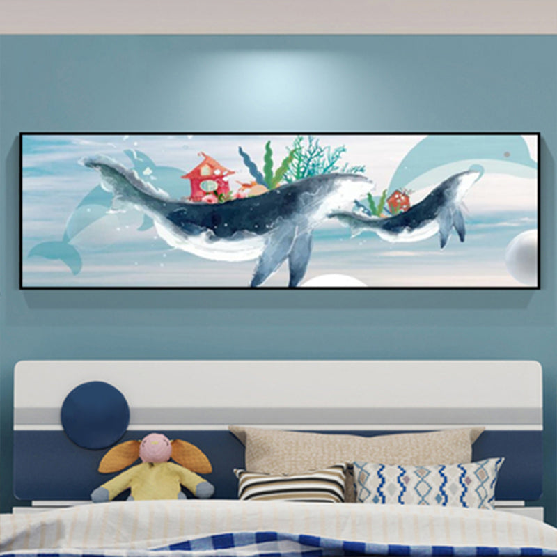 Fantasy Flying Whale Canvas Cartoon Textured Wall Art Print in Soft Color for Kids Room Clearhalo 'Art Gallery' 'Canvas Art' 'Kids' Arts' 1933006