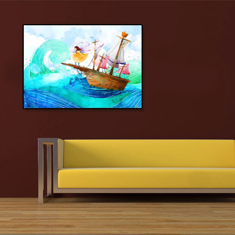 Kids Drawing Sailing Ship Canvas Wall Art Blue Adventure Wall Decor for Girls Room Blue Clearhalo 'Art Gallery' 'Canvas Art' 'Kids' Arts' 1933049